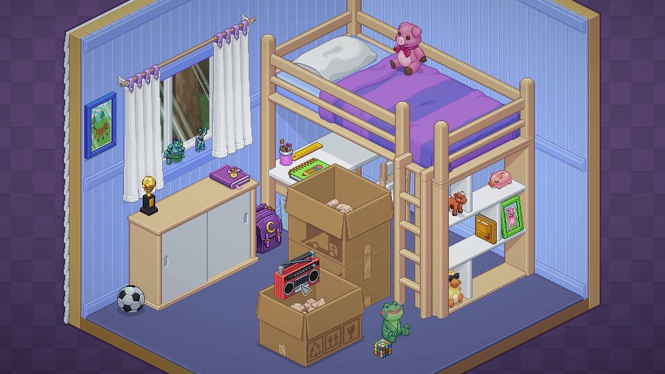 A screenshot from the Unpacking game showing a bunk bed and several child's toys and fun stuff along with a couple of moving boxes.