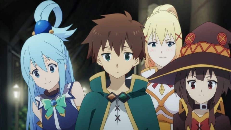 Konosuba characters Aqua, Darkness, and Megumin look pleased at something while Kazuma looks bewildered.