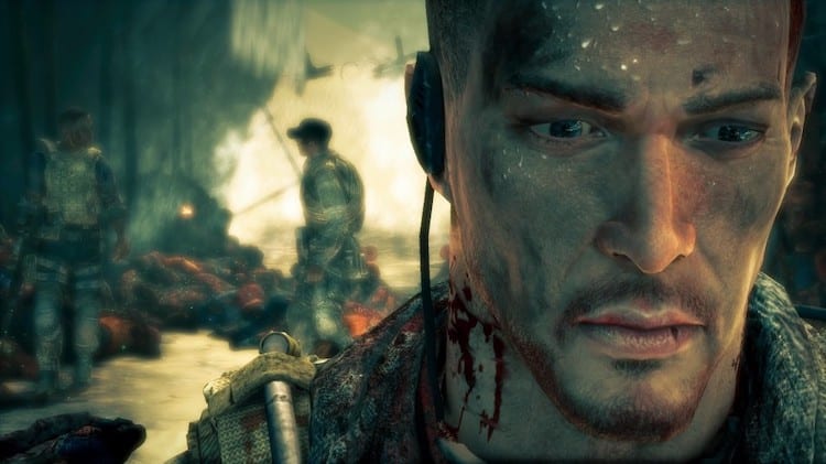 Close-up shot of Walker in Spec Ops: The Line looking puzzled with soldiers and debris in the background