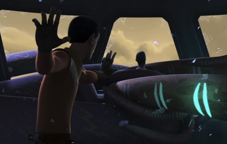 Screenshot from Star Wars: Rebels showing Ezra Bridger using his Force connection with the purrgil to trap Thrawn and escape into hyperspace.