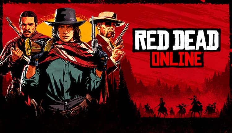 Red Dead Online game logo showing three game character personas.