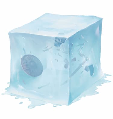 A hand-drawn light blue gelatinous cube with what appears to be a shield, sword, skull, and bones trapped inside.