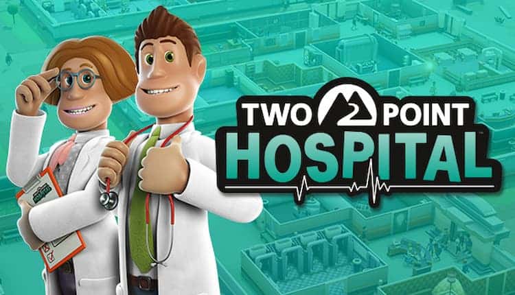 Two Point Hospital’s title screen. There is a large logo for the game next to two doctors smiling at the camera.
