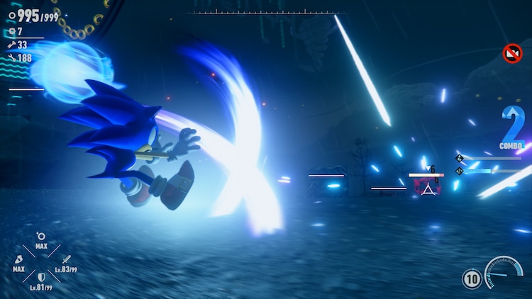 Sonic fires a blast of energy at a robotic enemy.