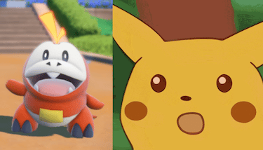 The Fire-type starter Fuecoco is compared to the famous “surprised Pikachu” meme format.