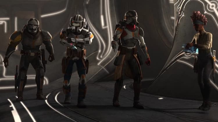 Wrecker, Tech, Echo, and Phee are standing in a room with lines of light all around them. Phee is also holding an oddly shaped stone.