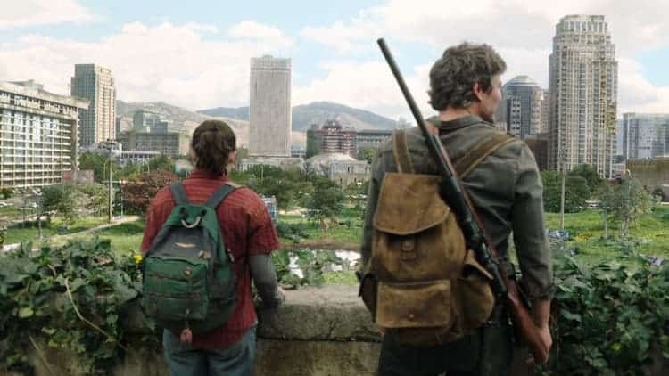 Ellie and Joel look out at the Salt Lake City skyline