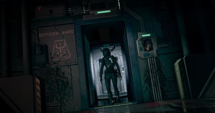 Drummer entering the Officer’s Ward wearing a spacesuit. A severed hand is still clinging to the access panel