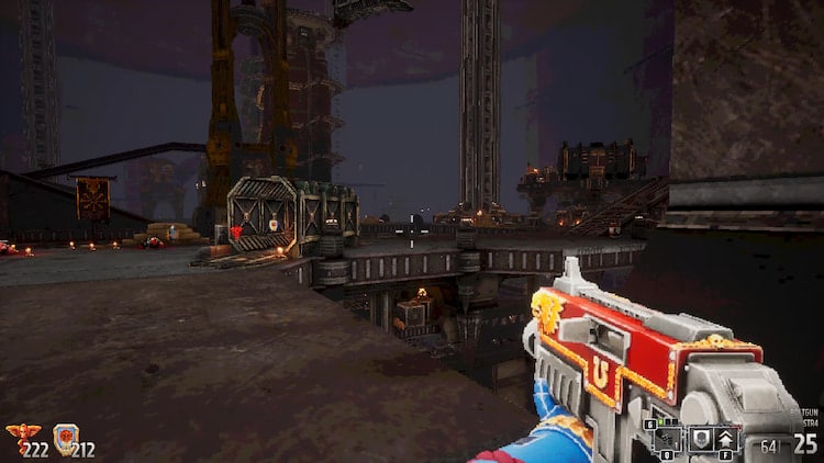 A massive industrial platform extends far beyond the player. It has multiple levels with stacked crates as far as the eye can see.
