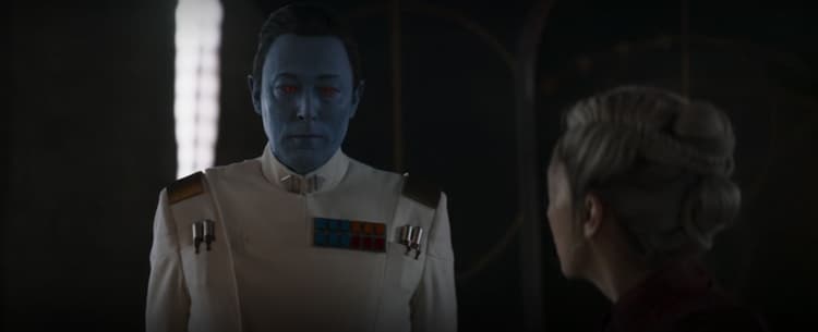 Thrawn dressed in an all white uniform stands in conversation with Morgan Elsbeth
