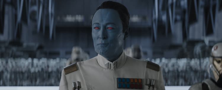 Grand Admiral Thrawn with a battalion of troopers in the background