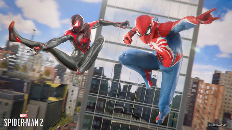 2 spider-men web swinging high above a city