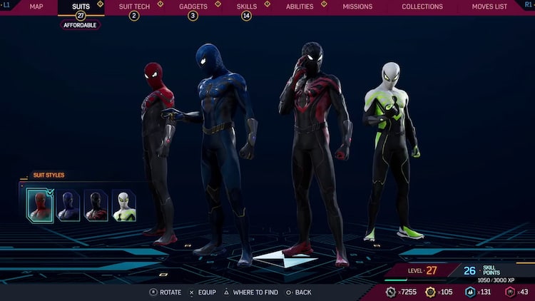 A menu of different Spider-Man suits