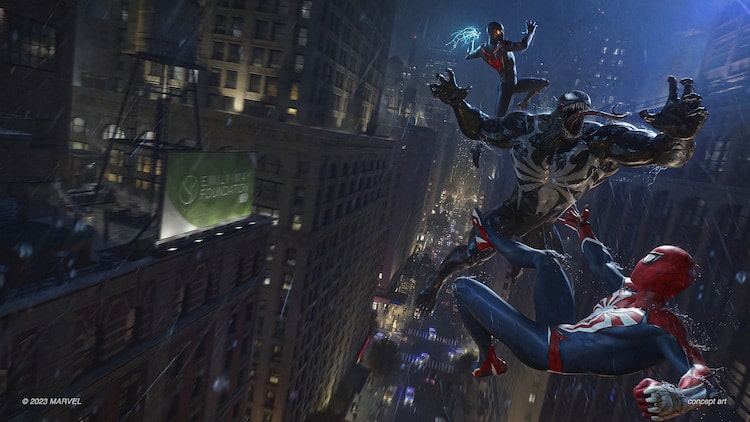 2 Spider-men fighting a black alien creature high above a busy city