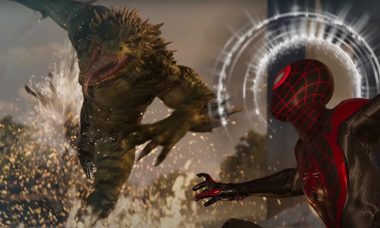 A lizard creature chases a Spider-Man