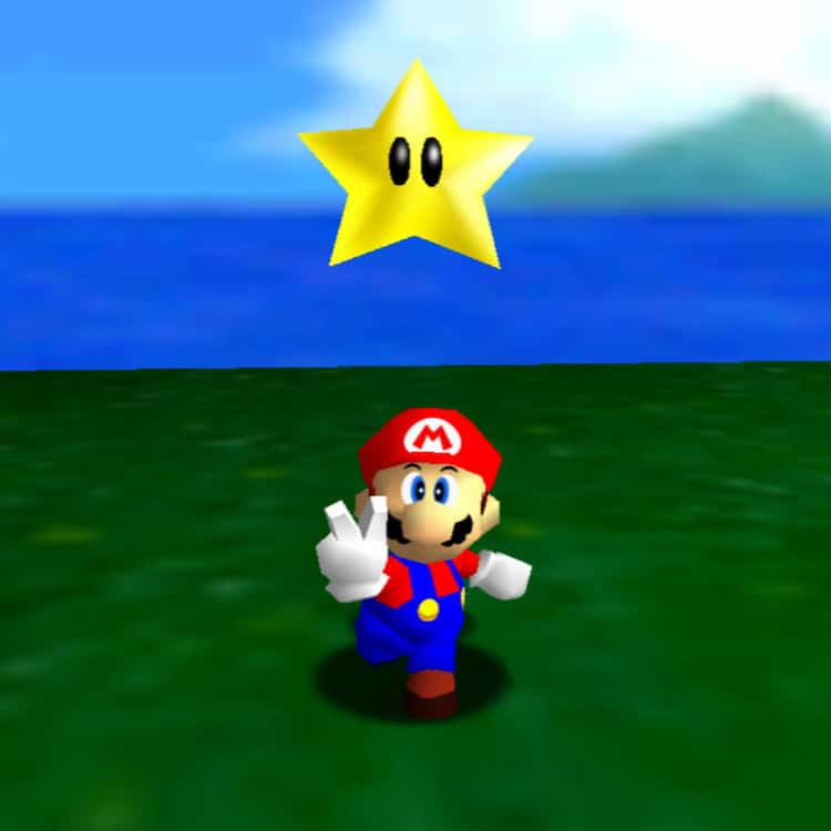 Mario throwing a peace sign in a grassy field with a star above his head
