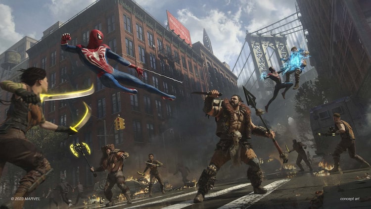 Spider-men fighting jungle styled warriors