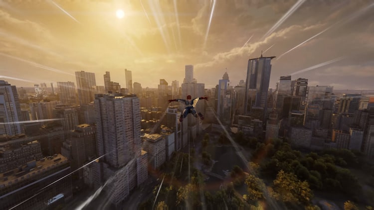 Spider-Man uses a wing suit to fly over a city and a park