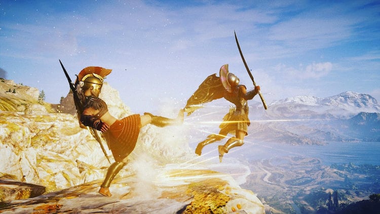 An armored gladiator kicking another off of a cliff