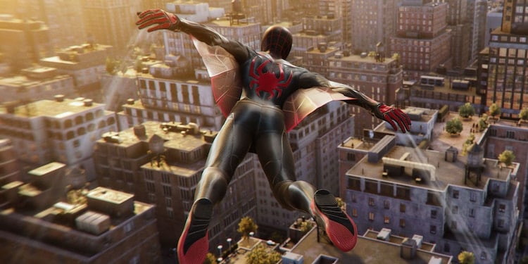 A Spider-Man glides over the busy city in his winged suit