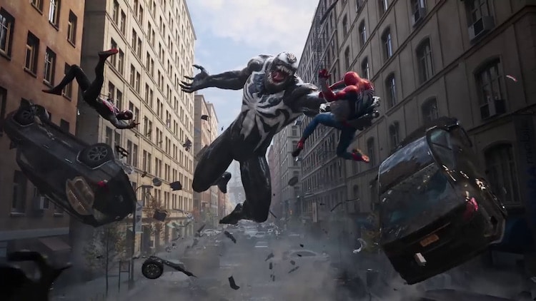 The Spider-Men face off against Venom is a busted up city street