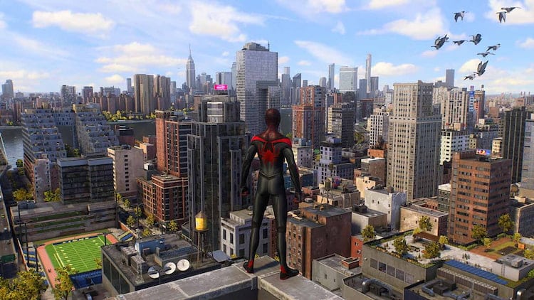 Spider-Man looks out over a large busy city