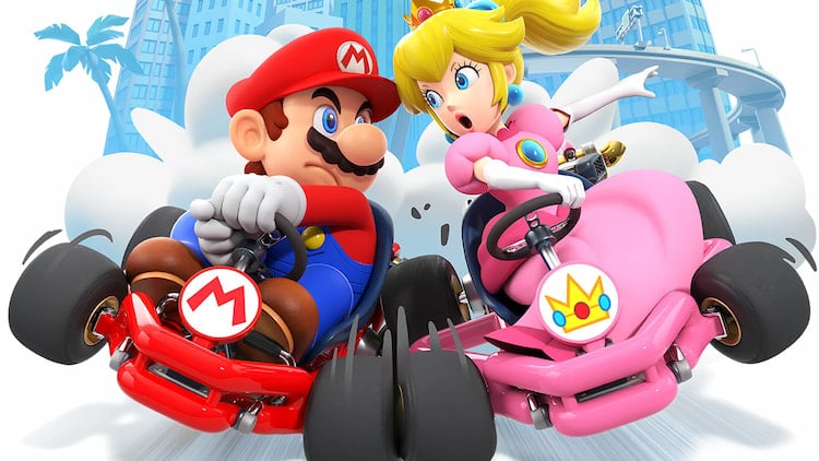 Mario and Peach racing go-karts and eyeing each other out