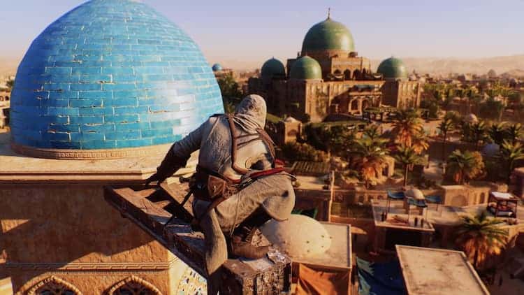 Basim is perched on a vantage point. He is looking out at the city of Baghdad.