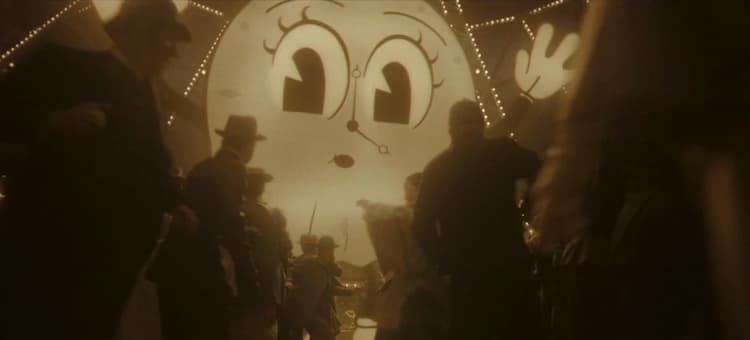 Miss Minutes has grown into a giant ghost clock. She's looking at a crowd of terrified people as they are running away.