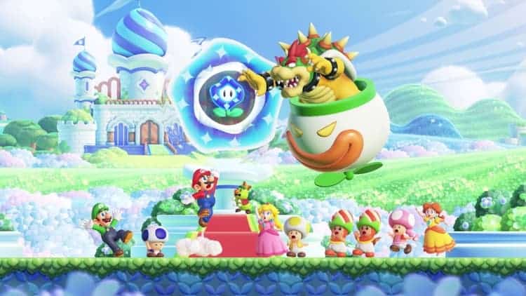 Mario and his friends are trying to stop Bowser from stealing a Wonder Flower. Prince Florian and the citizens of the Flower Kingdom are in shock. Bowser is in his flying clown car as he reaches for the flower.