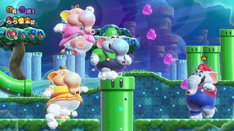 Mario, Luigi, Peach, and Daisy are all in their elephant forms. Green pipes with black eyes are scattered around the screen.The sky is distorted.