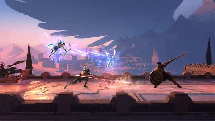 The Prince has dashed away from two enemies and left an after-image. The Prince is preparing to fire his bow while the two enemies are attacking where he was. They are on a bridge with a city behind them.
