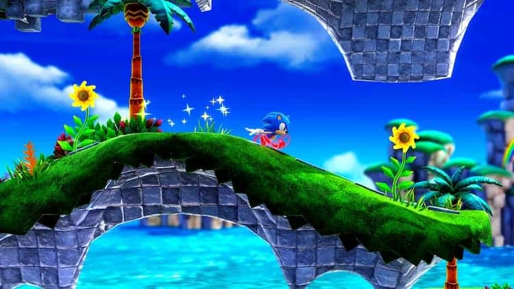 Sonic is running through a grassy stage. The platforms are suspended in the air and the ocean can be seen in the background.
