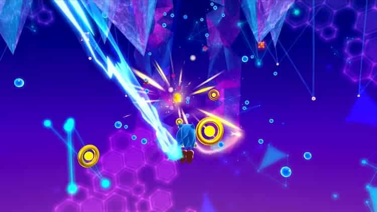 Sonic is in a purple space with ring grapple points all around. Energy spikes are around the screen and a shiny object can be seen in the distance.