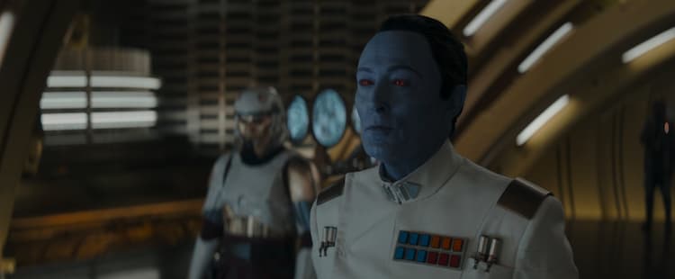 Grand Admiral Thrawn on the bridge of the Eye of Scion with Captain Enoch in the background