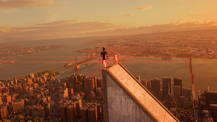 Miles looks over the city from the top of the Avengers tower