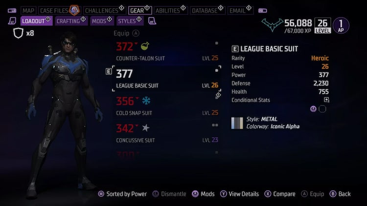 A vigilante in a menu of gear options and stats