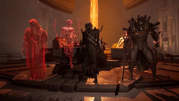 Four cyborgs are standing side by side. The two on the left are red holograms. The two on the right are in the physically there. They are room only lit by an orange beam in the background.