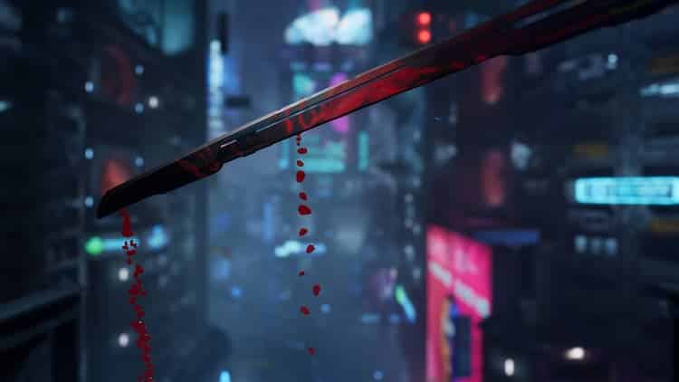 A sword is dripping with blood in the centre of the screen. Various neon signs are blurry in the background. It's night in the city.