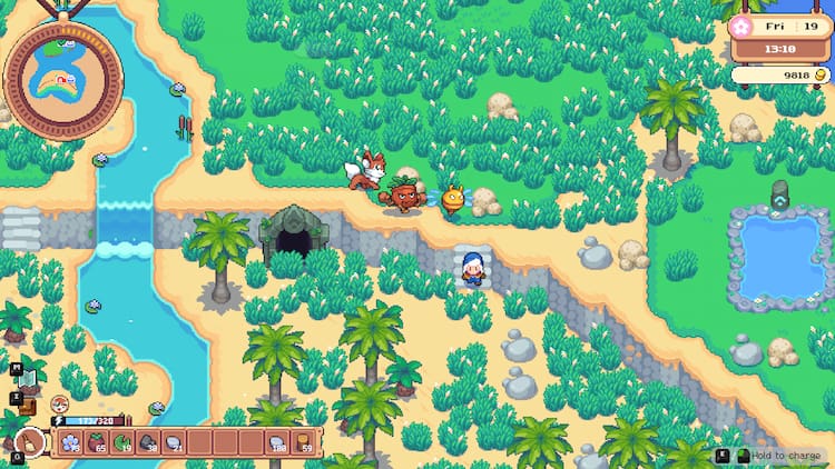 Fluffox, Capacibee, and Punchypot follow the player as they run downstairs toward a dungeon on a beach island.