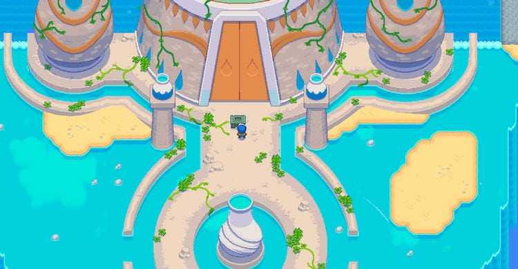 A player stands before a temple on a sandy island, with waterfalls and palm trees surrounding the structure.