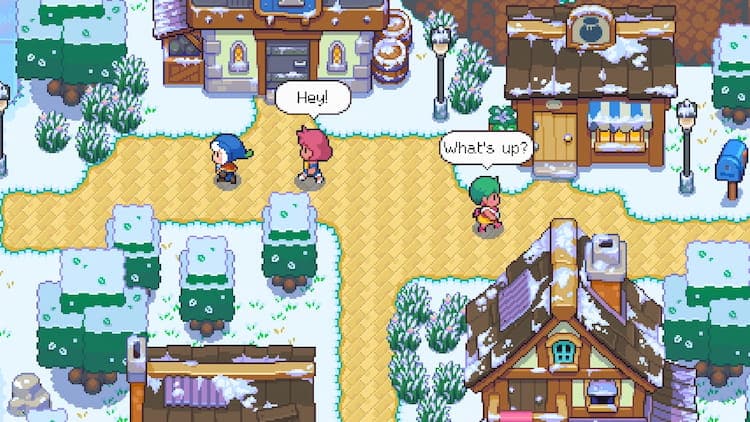 Ferra and Ossono go about their daily schedules, calling out to the player character as they run through the town. It is winter, and there is snow.
