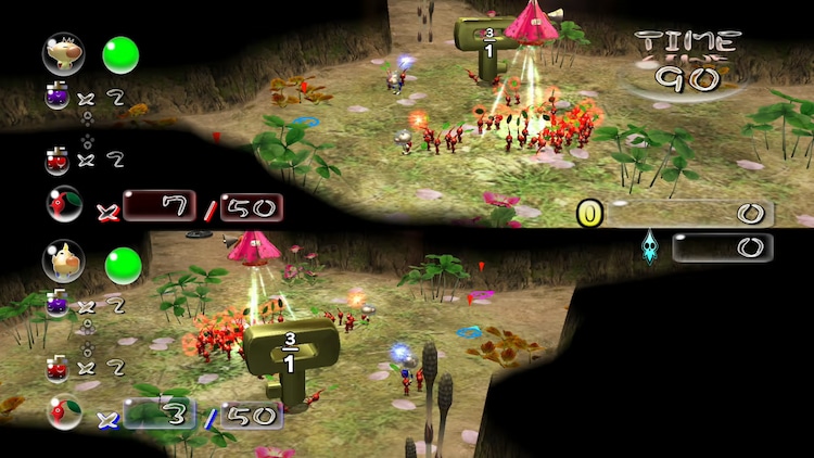 Split screen gameplay with lots of pikmin on screen