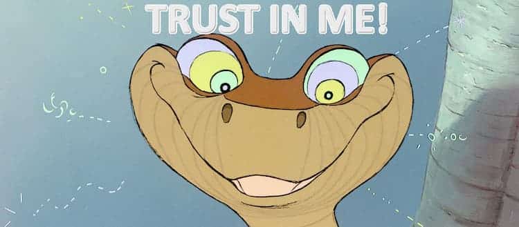 Kaa from the jungle book uses his hypnosis eyes. The words “Trust In Me” are displayed in grey