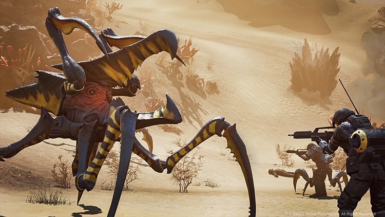 A large insect-like monster approaches a soldier.
