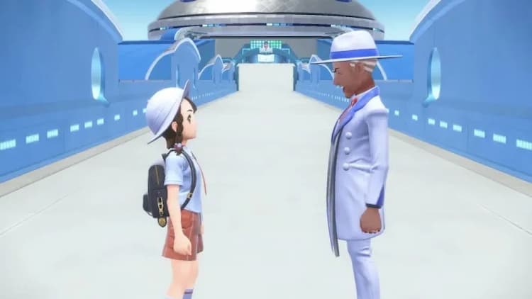 The player character (left) is talking with Cyrano (right). They are standing on a path that leads to the entrance to Blueberry Academy. The walls are bright blue and the floor is pristine white.