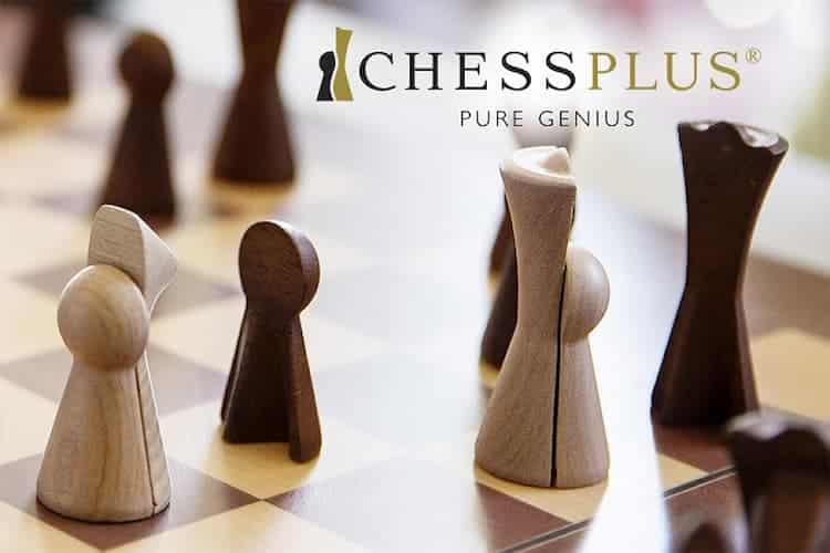 Different chess pieces are placed together. Each piece is only half a piece. The Chessplus logo is in the top right of the image