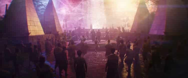 A group of people with spears are pointing them at people in the middle of the area. Small pyramid structures are scattered around. A glowing rainbow staircase is at the back of the area.