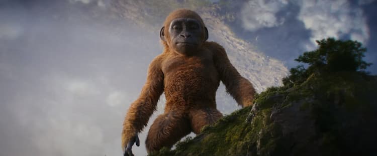 An orange monkey is standing on the edge of a cliff. Clouds are in the top right-hand corner and the ceiling can be seen.