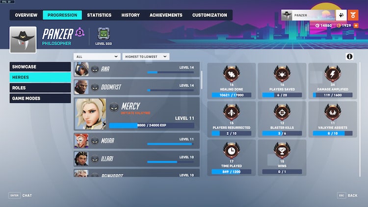 Level 11 Mercy in the character progression menu.